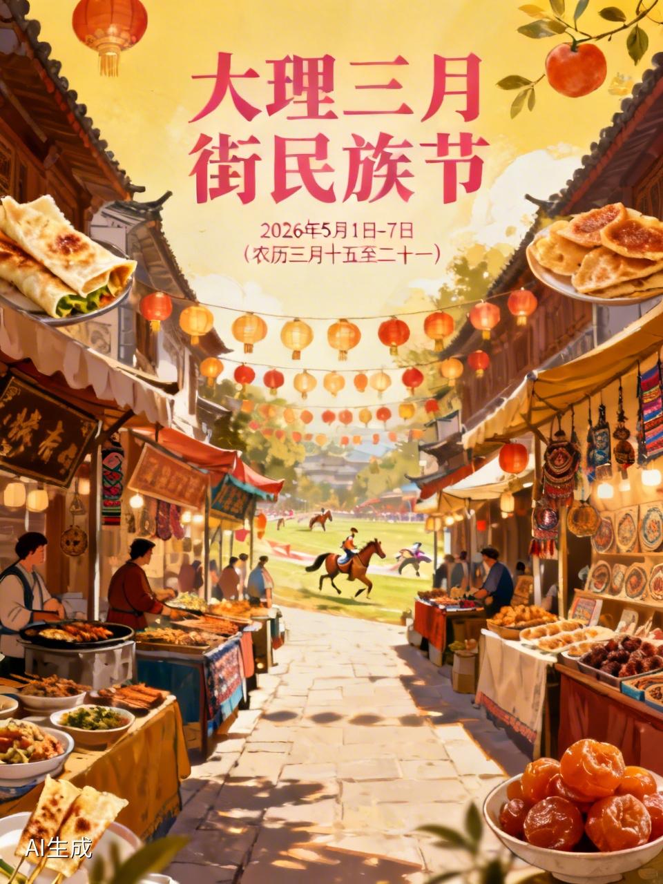 2026年大理三月街民族节定于5月1日到7日（农历三月十五至二十一）在大理举办，