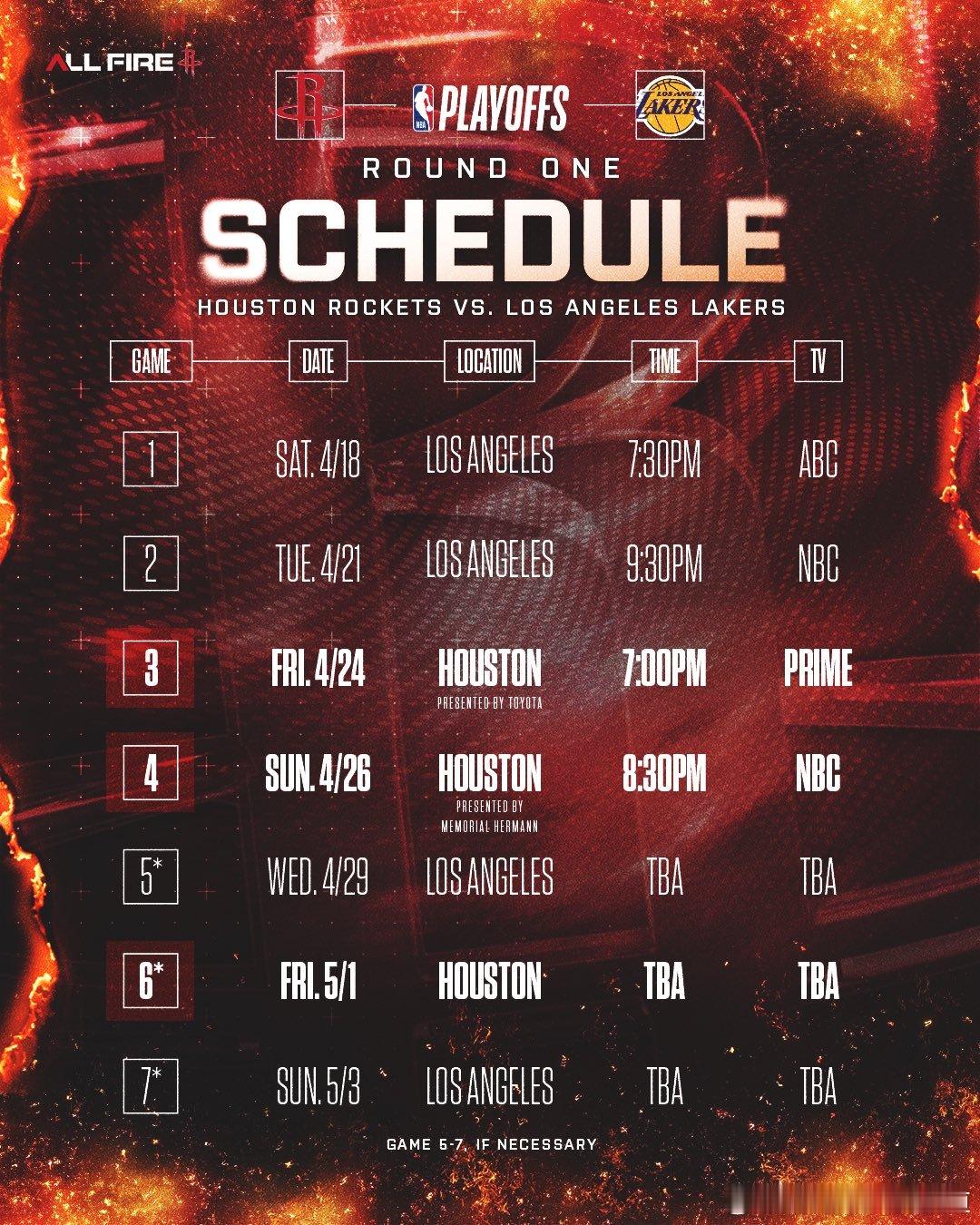 火湖大战首轮赛程出炉！G1：周日 4月19日 8:30 火箭 vs 湖人（主场）