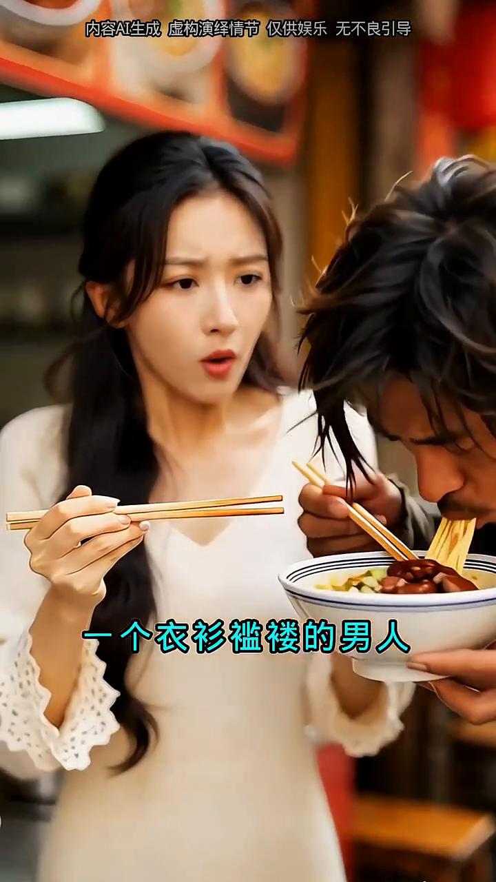 女人刚把一碗牛肉面端到嘴边，一个衣衫褴褛的男人突然扑上来抢过碗就喝，烫的直咧嘴也
