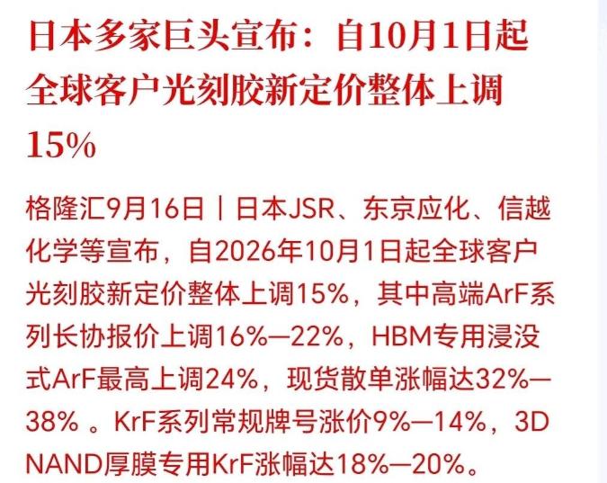 10月1日起，光刻胶又要涨价了，而且越往高端涨得越狠。
日本JSR、东京应化、信