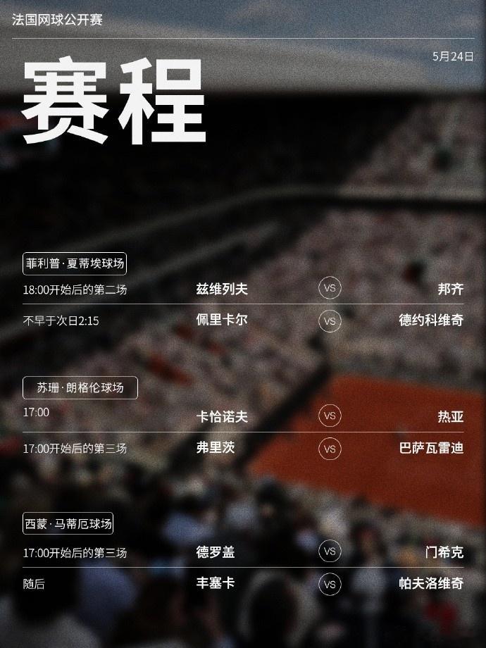 法网赛程出炉 法网男单首日赛程：德约科维奇vs佩里卡尔、黄泽林vs布洛克斯202