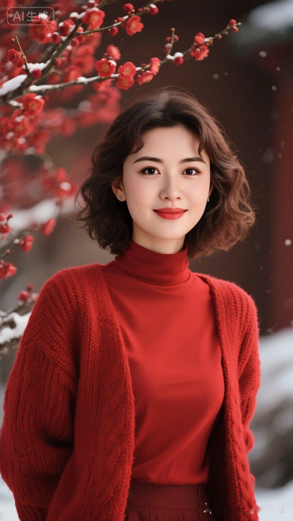 冬日暖阳下的红衣少女，笑靥如花🌸🌸🌸