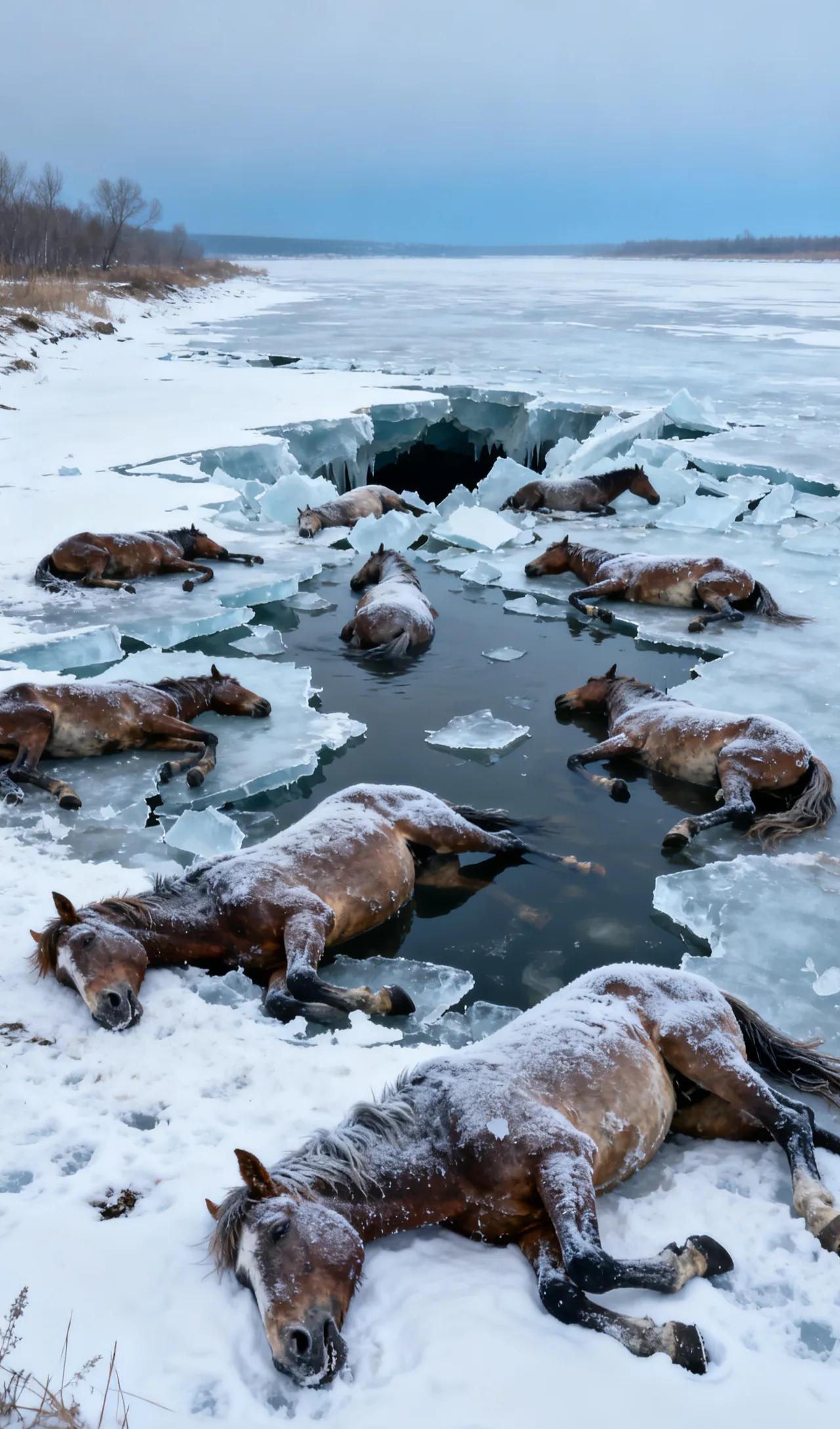 黑龙江东风水库这13匹冻在冰里的马，

   看完心里一阵发紧！

   零下二