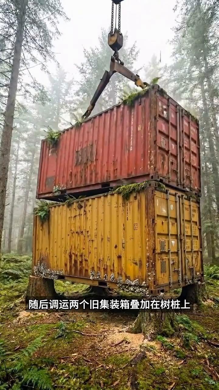旧箱体变美居。
注意看，男子将几棵大树锯断，只留下树桩当成稳固的承重支撑。随后调