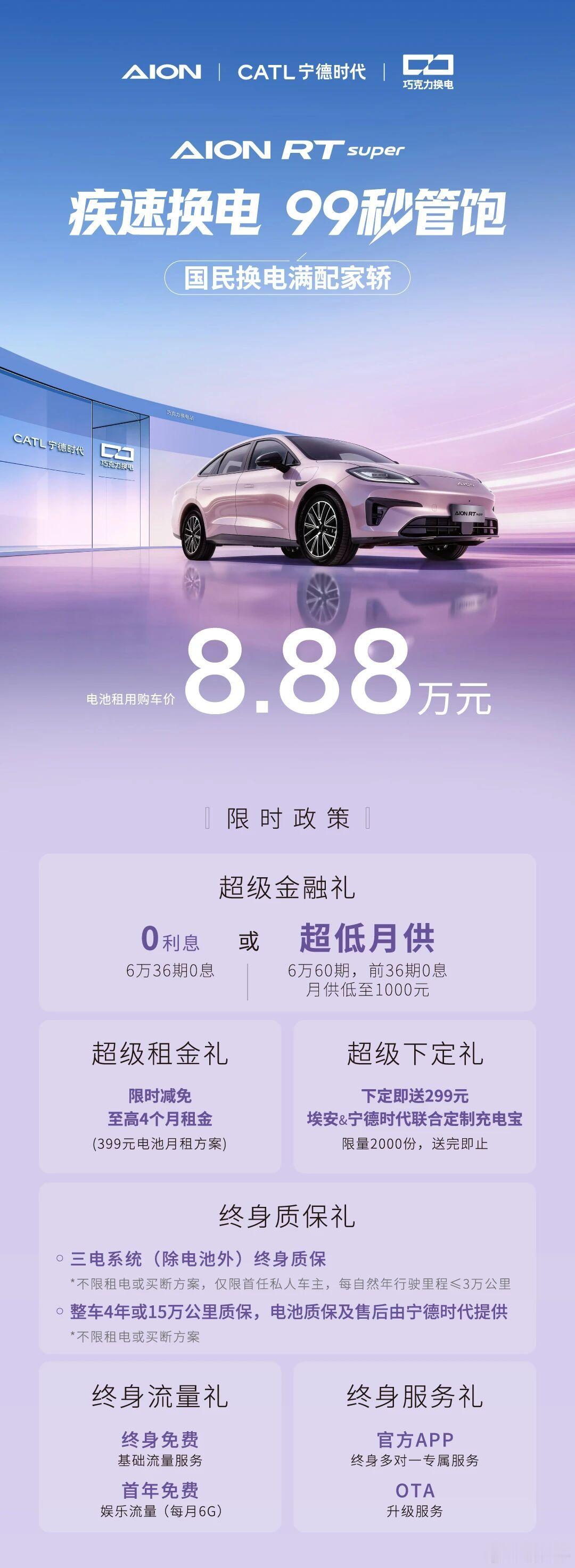 埃安RT租电方案8.88万，电池月租399，这个价位能和A0级小车抢蛋糕了。新能