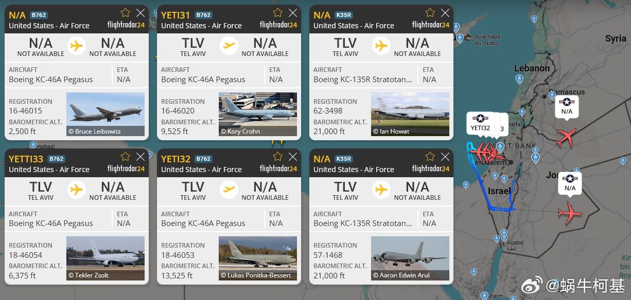 美国空军空中加油机已从特拉维夫的本-古里安机场大量起飞。来源：Flightrad