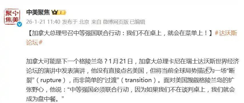 加拿大总理卡尼成了加拿大和整个西方世界的英雄。他在达沃斯呼吁中等强国联合起来抵制