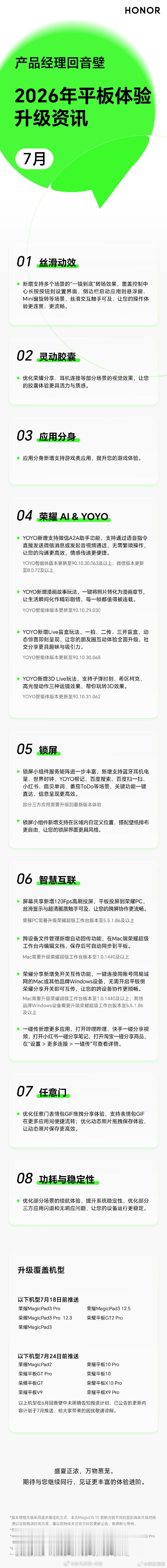 荣耀平板7月的升级计划来了