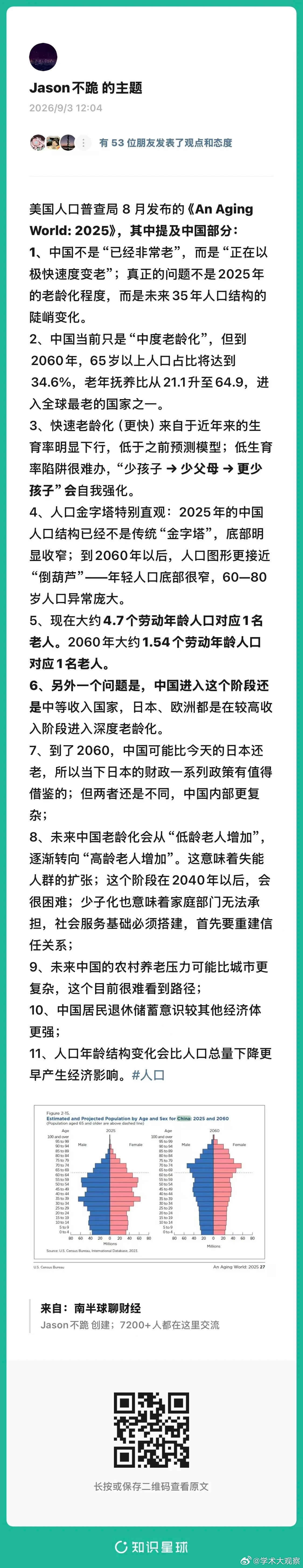 中国“正在以极快速度变老”美国人口普查局今年八月发布的《An Aging Wor