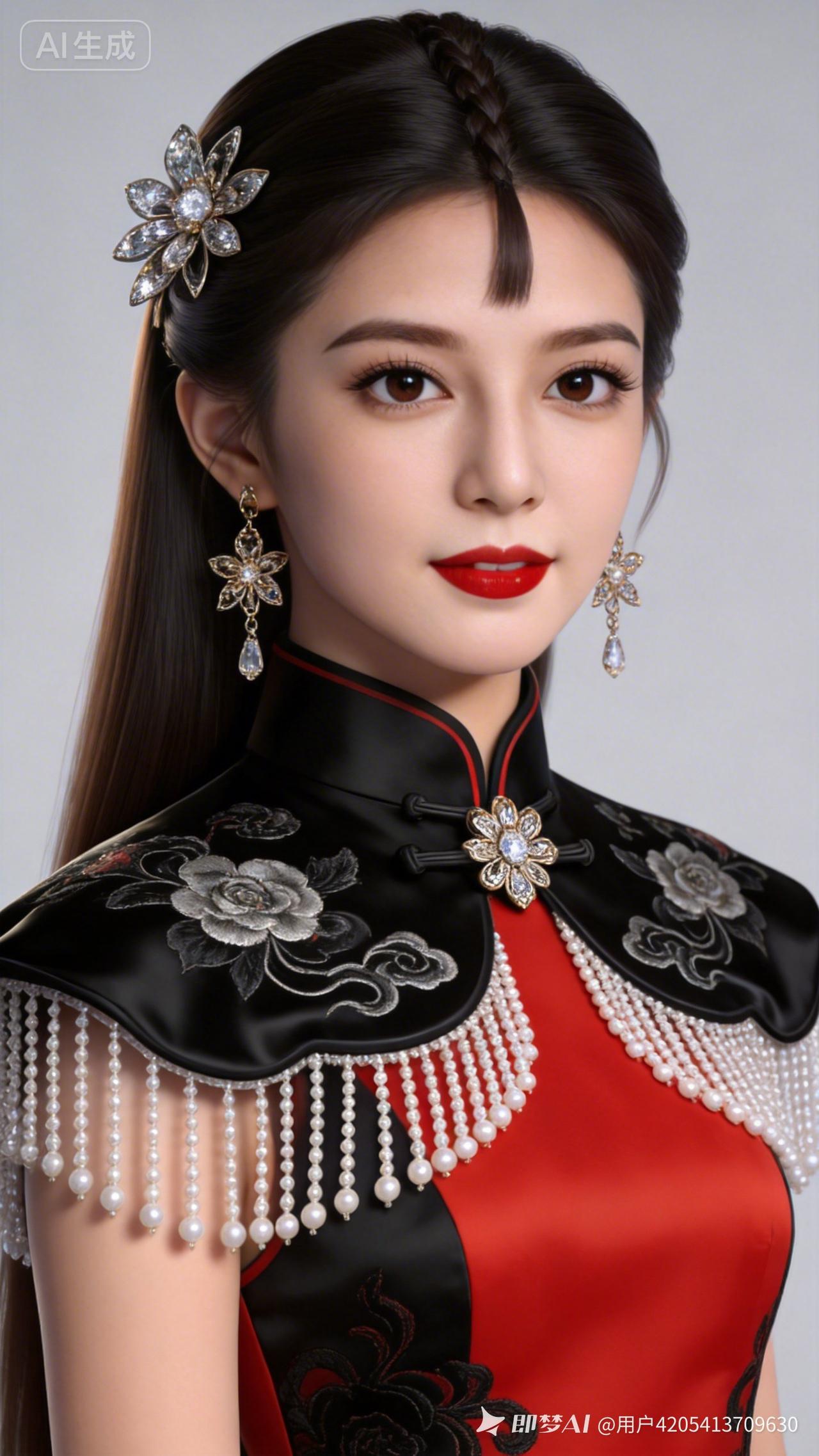 复古旗袍风，优雅气质，红黑撞色，尽显东方韵味。