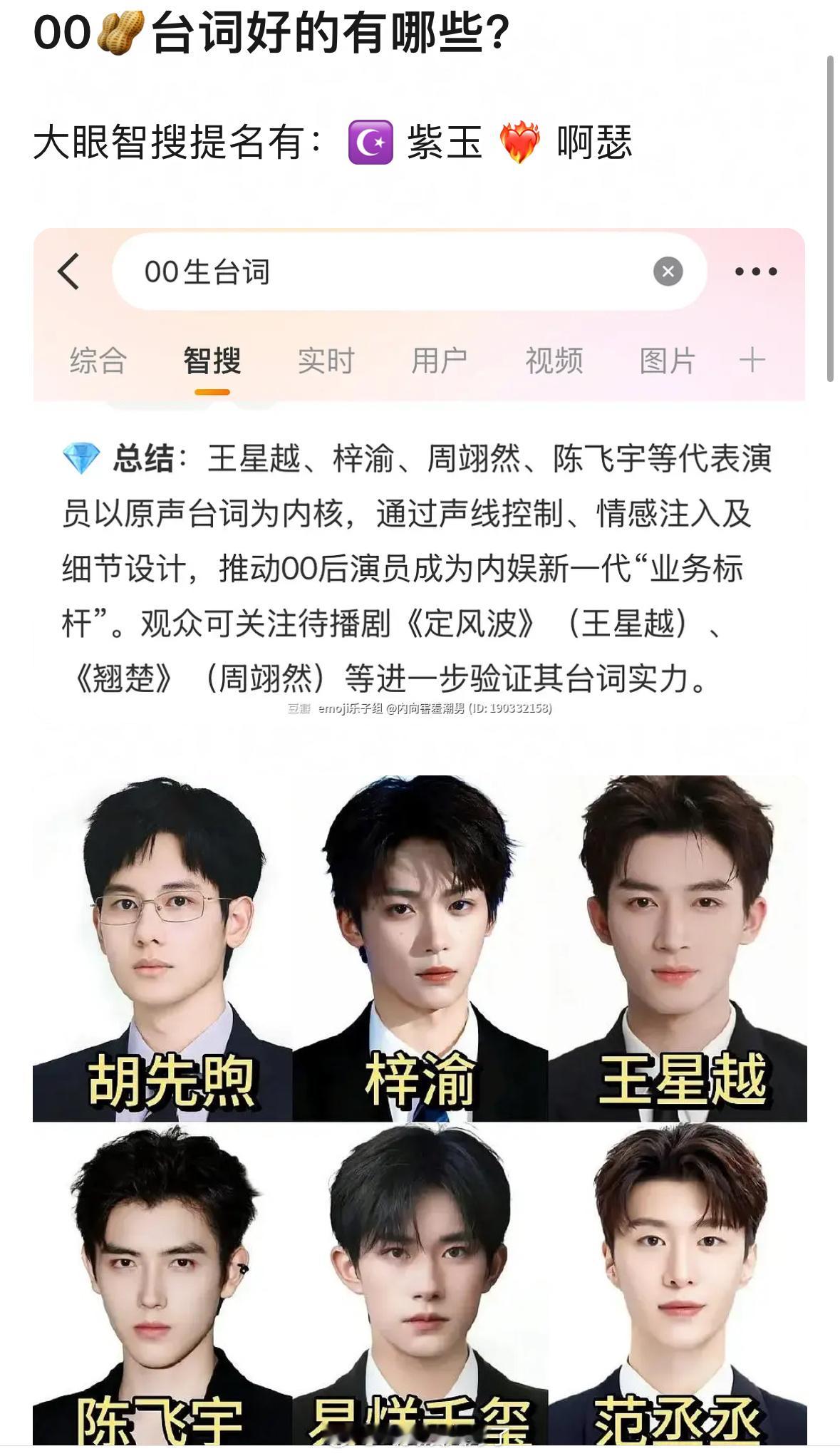 00🥜台词好的有哪些？大眼智搜提名有：王星越、梓渝、周翊然、陈飞宇 