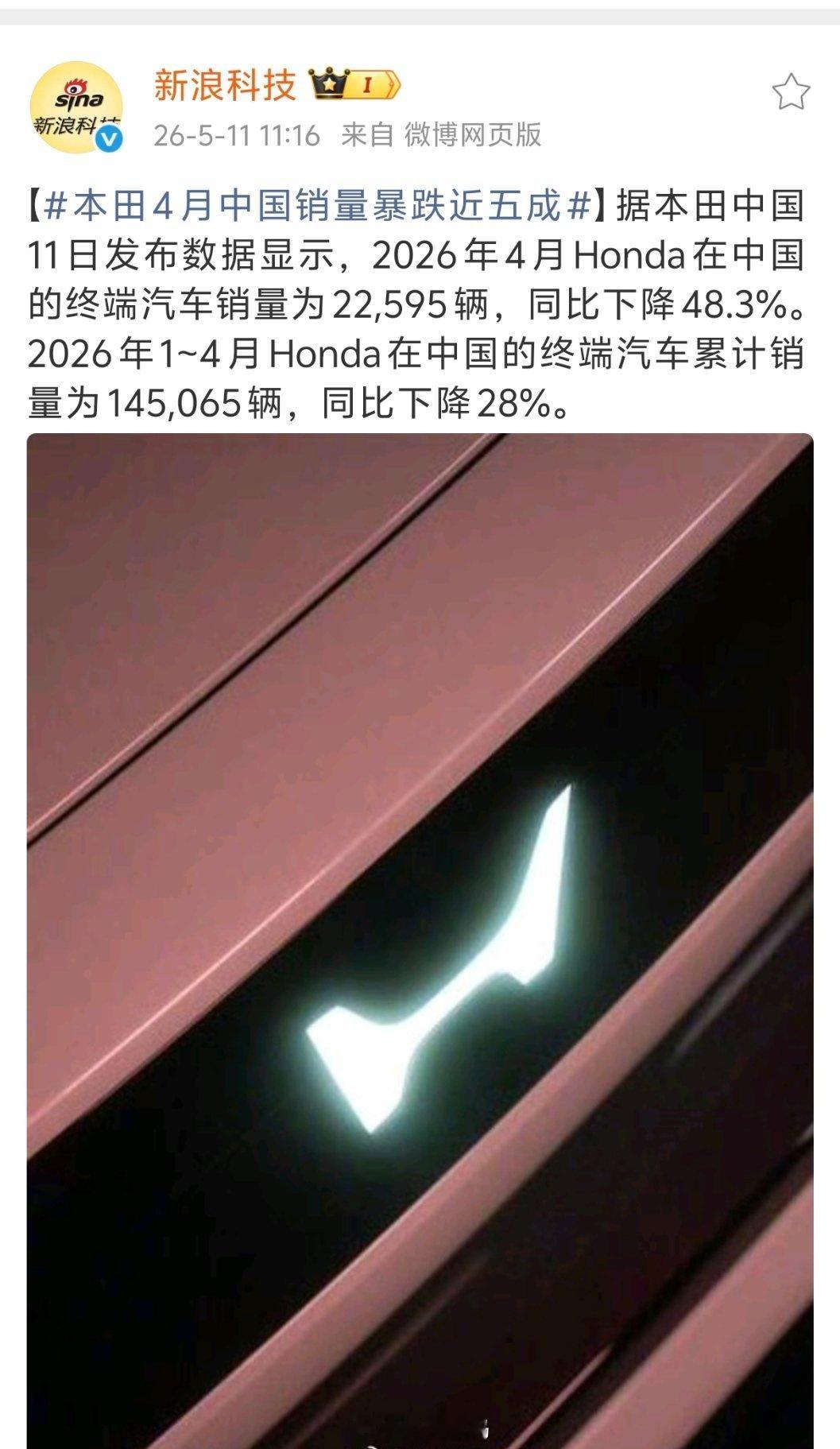 本田4月中国销量暴跌近五成本田4月销量为22595辆，同比下降48.3%。1~4