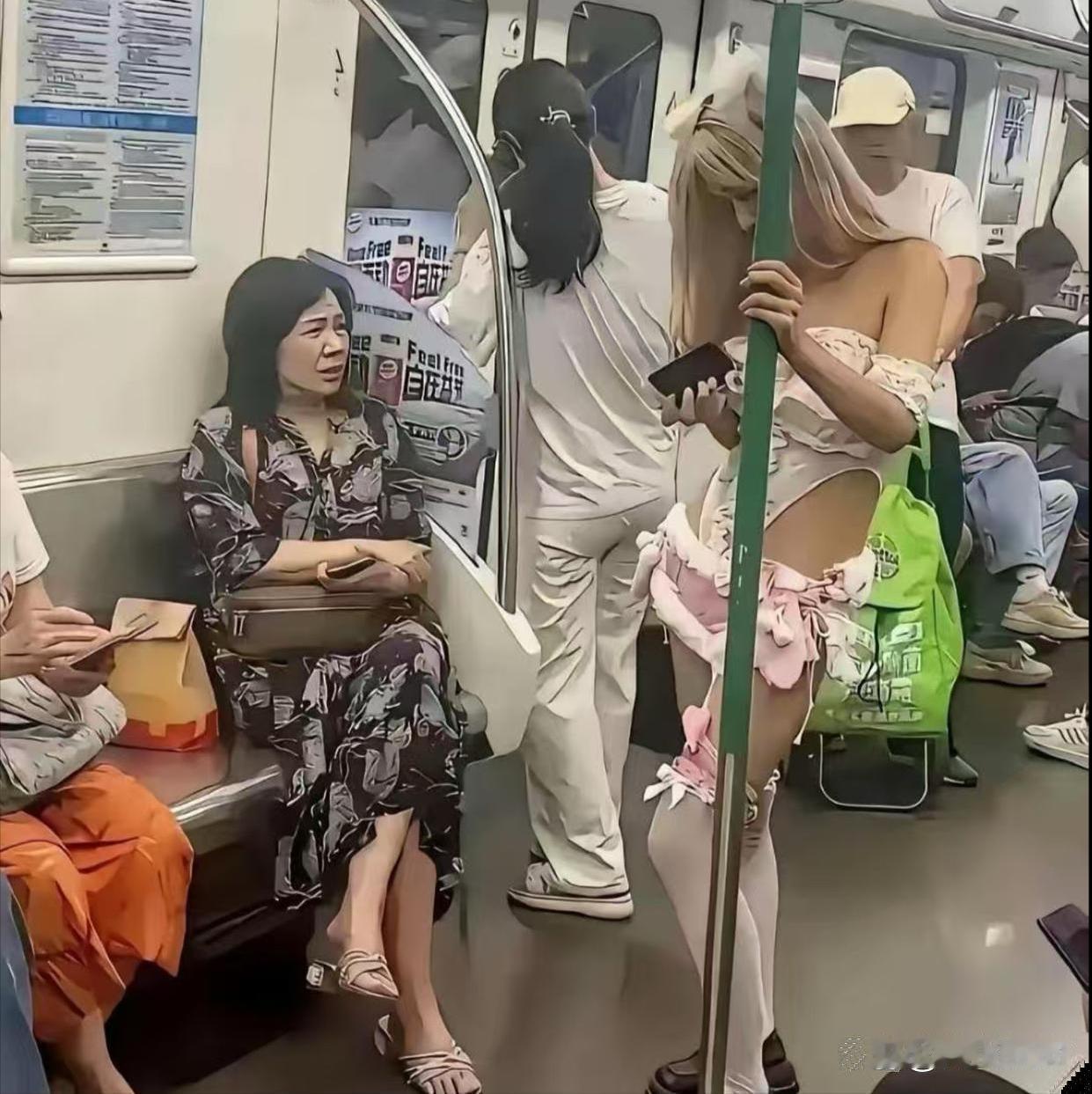 地铁一幕引发思考！姑娘一身新潮穿搭，却引来旁边阿姨别样的目光。
 
出门乘车的时