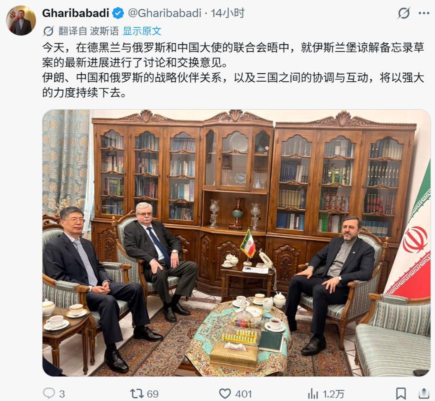 6月13日，伊朗副外长卡泽姆·加里布阿巴迪在首都德黑兰与俄罗斯和中国驻伊朗大使（