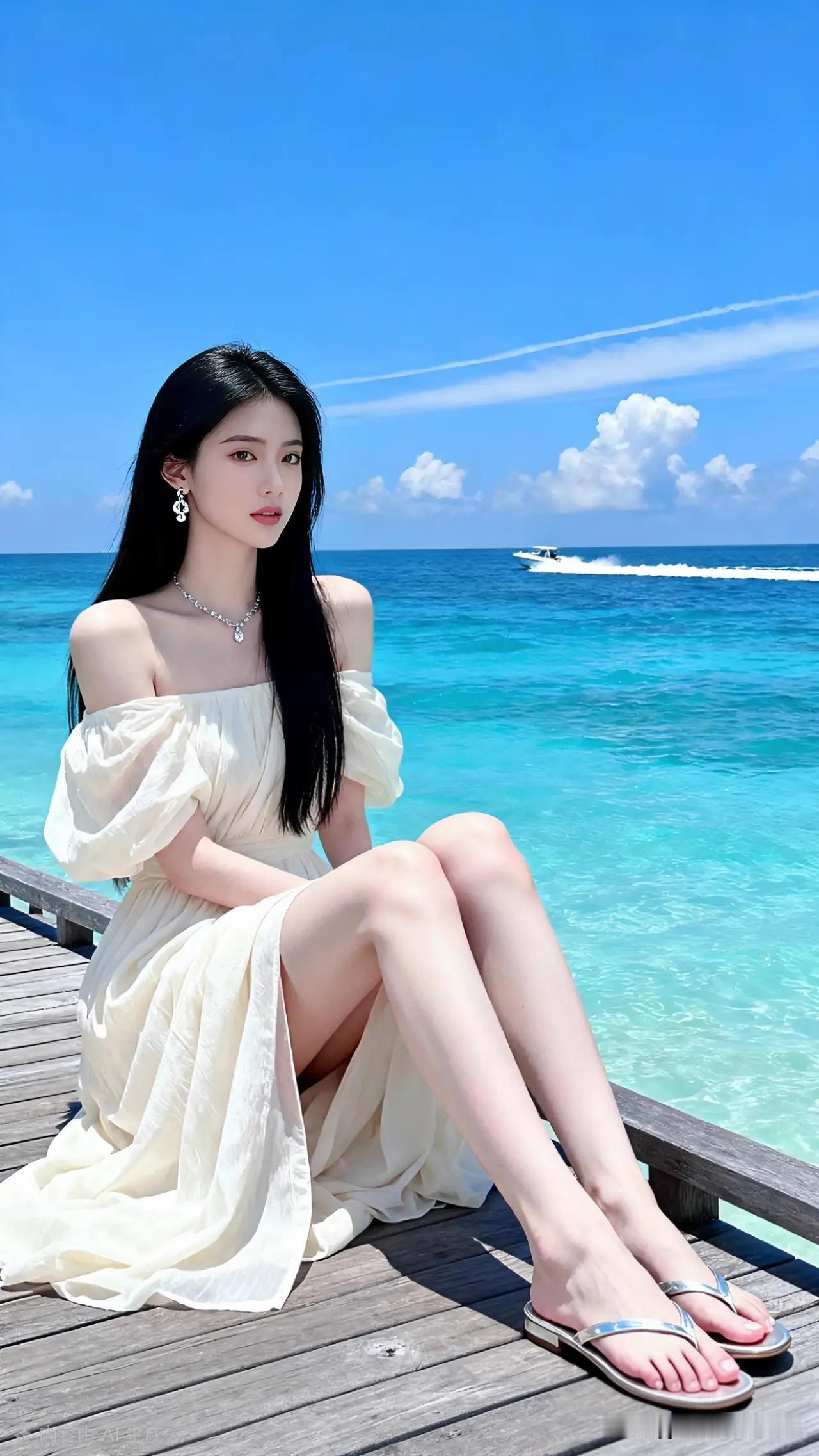 夏日海边度假，白色长裙与碧海蓝天相映成趣，享受阳光与海风。记录生活，分享美的瞬间