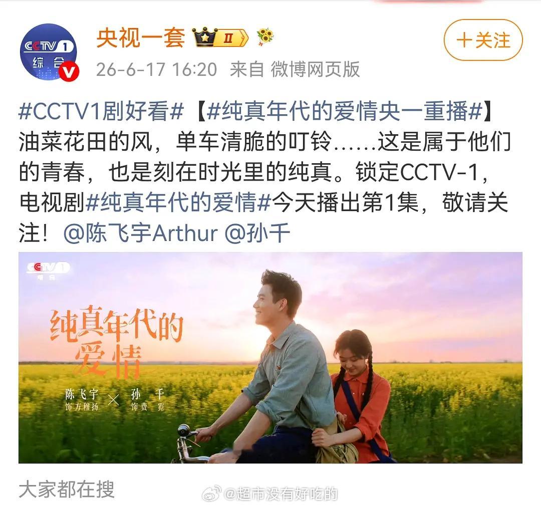 陈飞宇《纯真年代的爱情》央1又重播了央视第五轮上星，收视实时第一了小纯真好争气陈