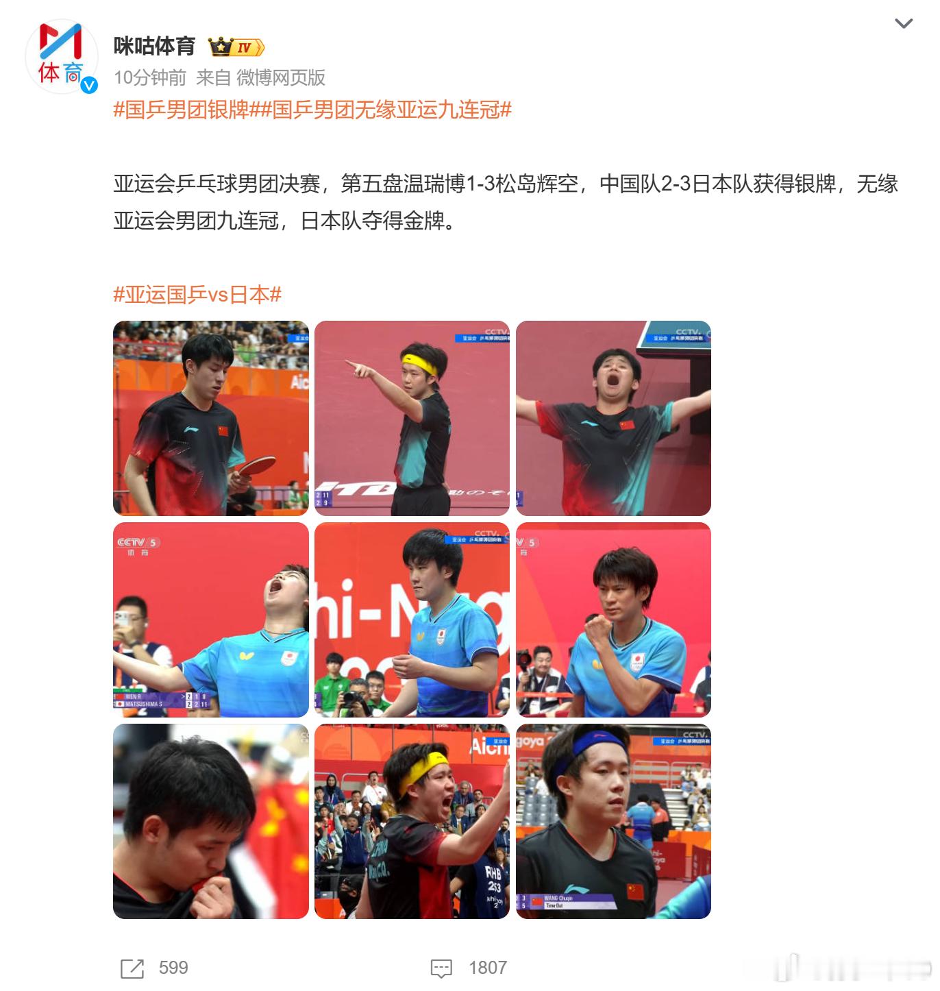 完全不敢打开这条微博的评论区[允悲]国乒男团银牌国乒男团无缘亚运九连冠 ​​​​