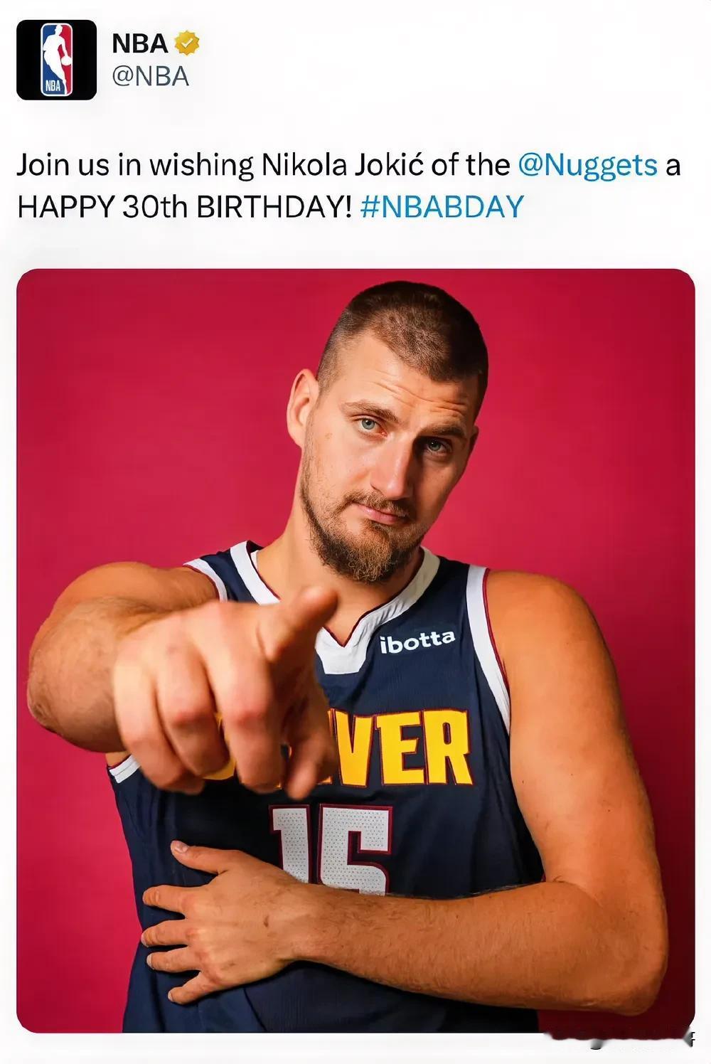 行走的五花肉！！！约基奇30岁生日快乐！

NBA官方祝贺约基奇生日快乐🎂！