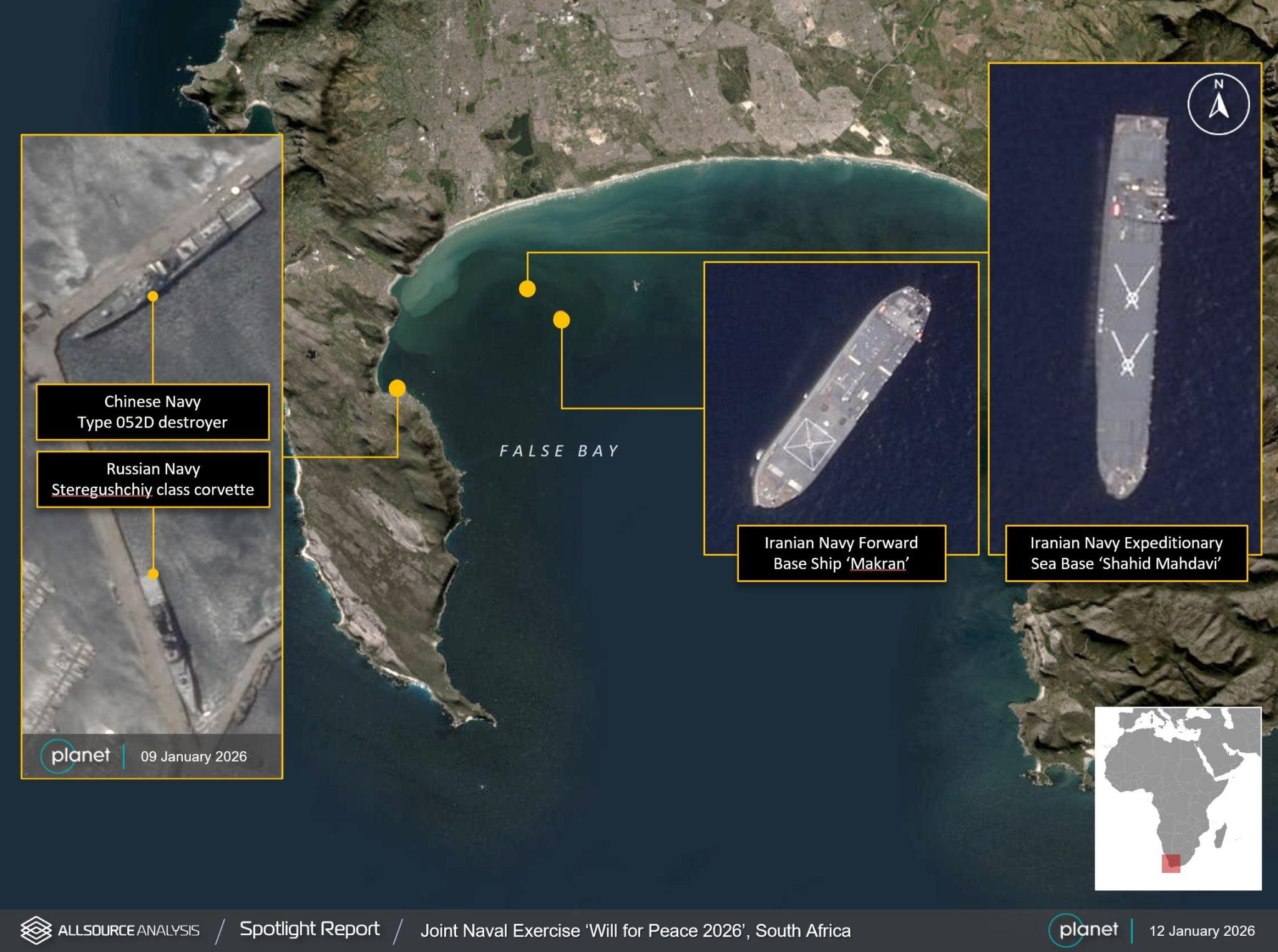 停靠南非开普敦参加金砖国家“和平意志-2026”联合军演的中国、俄罗斯和伊朗军舰