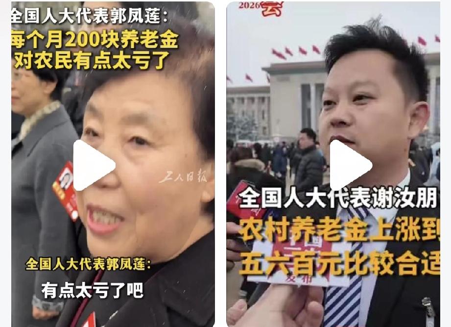 全国人大代表郭凤莲说，每个月200块养老金，对农民有点太亏了；同是全国人大代表的