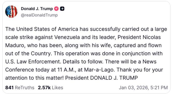 美国总统社交媒体公布大消息：
美国成功对委内瑞拉及其领导人、总统尼古拉斯·马杜罗