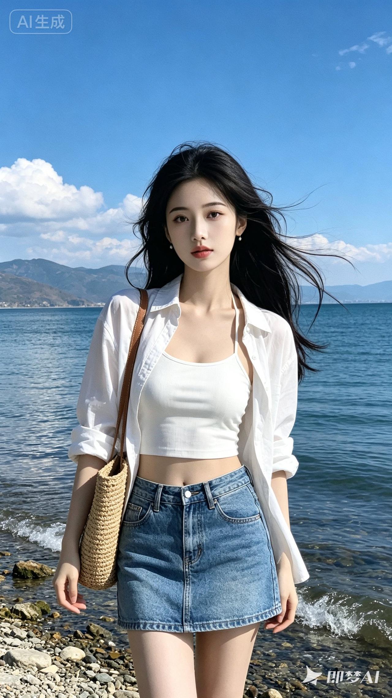 海边风景美，她穿着很清新。