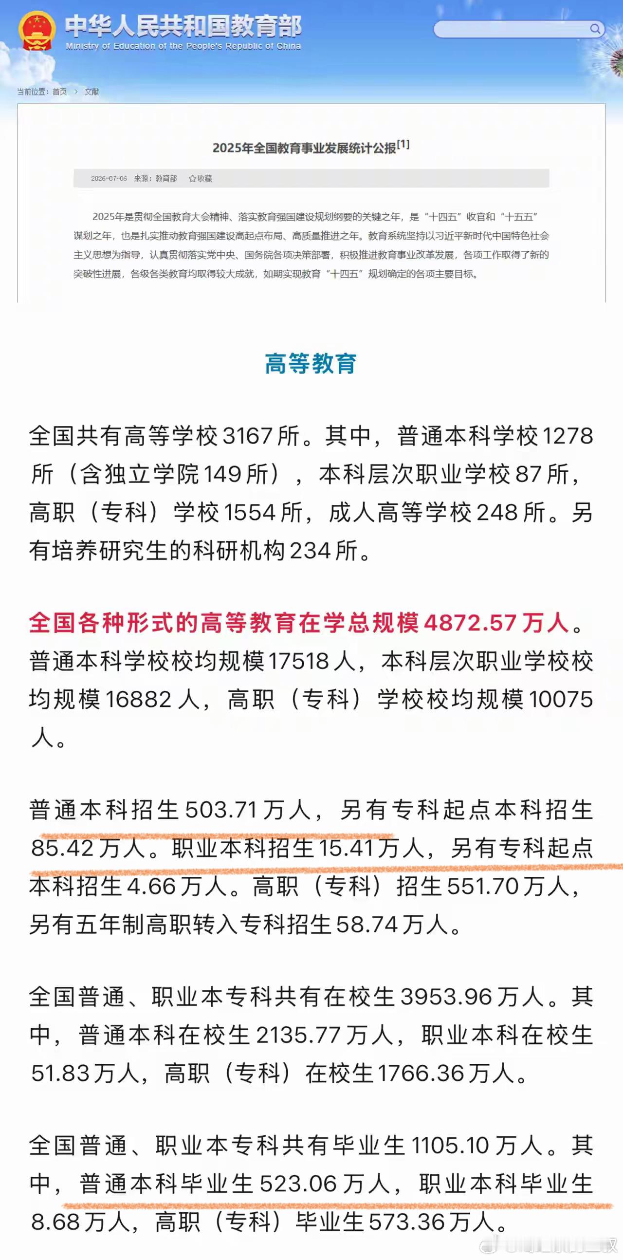 教育统计公报，2025年毕业本科生531万（普通+职业），招生本科生609万（各