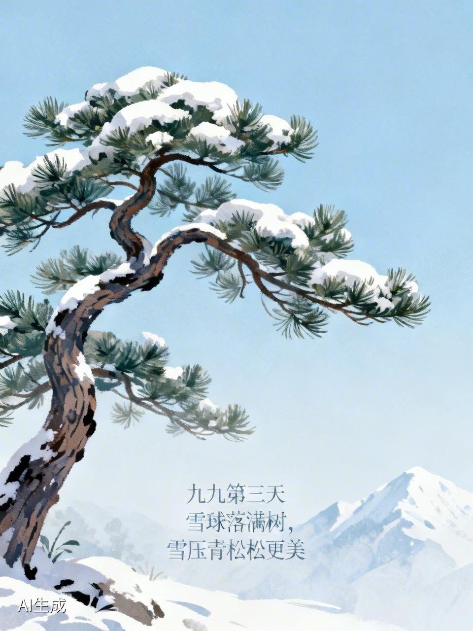 AI妙生图九九第三天，雪球落满树，雪压青松松更美。