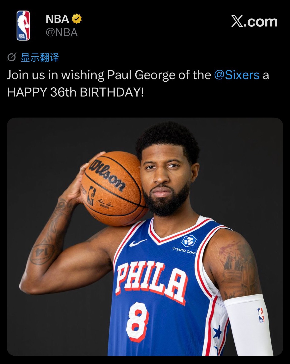 NBA官方祝保罗-乔治36岁生日快乐，生日夜与凯尔特人进行抢七大战。 