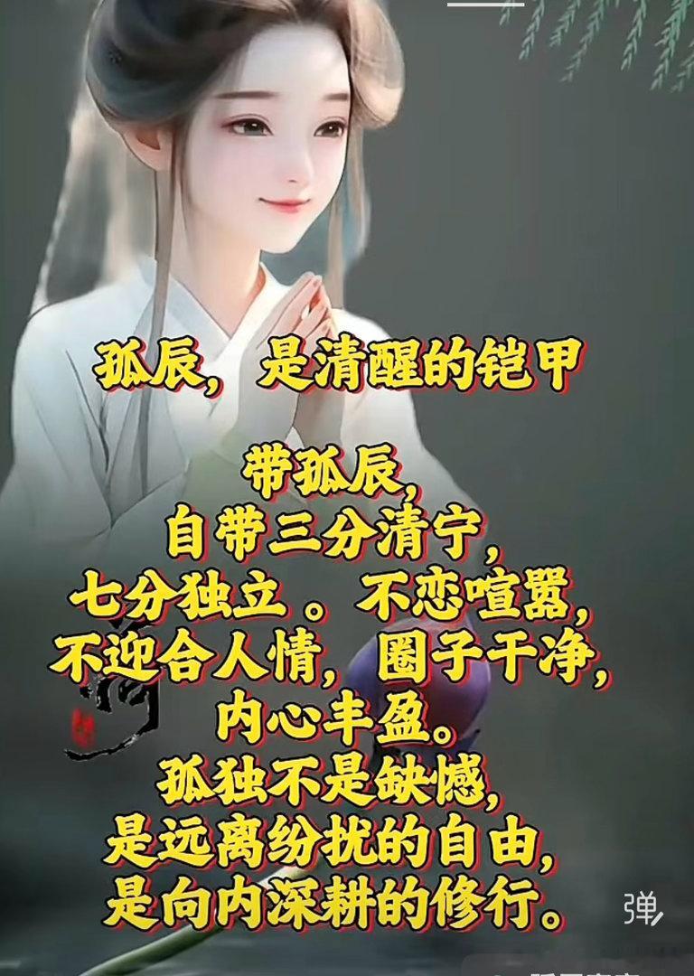 孤辰，是清醒的铠甲自带三分清宁，七分独立。不恋喧路，不迎合人情，圈子干净，内心丰
