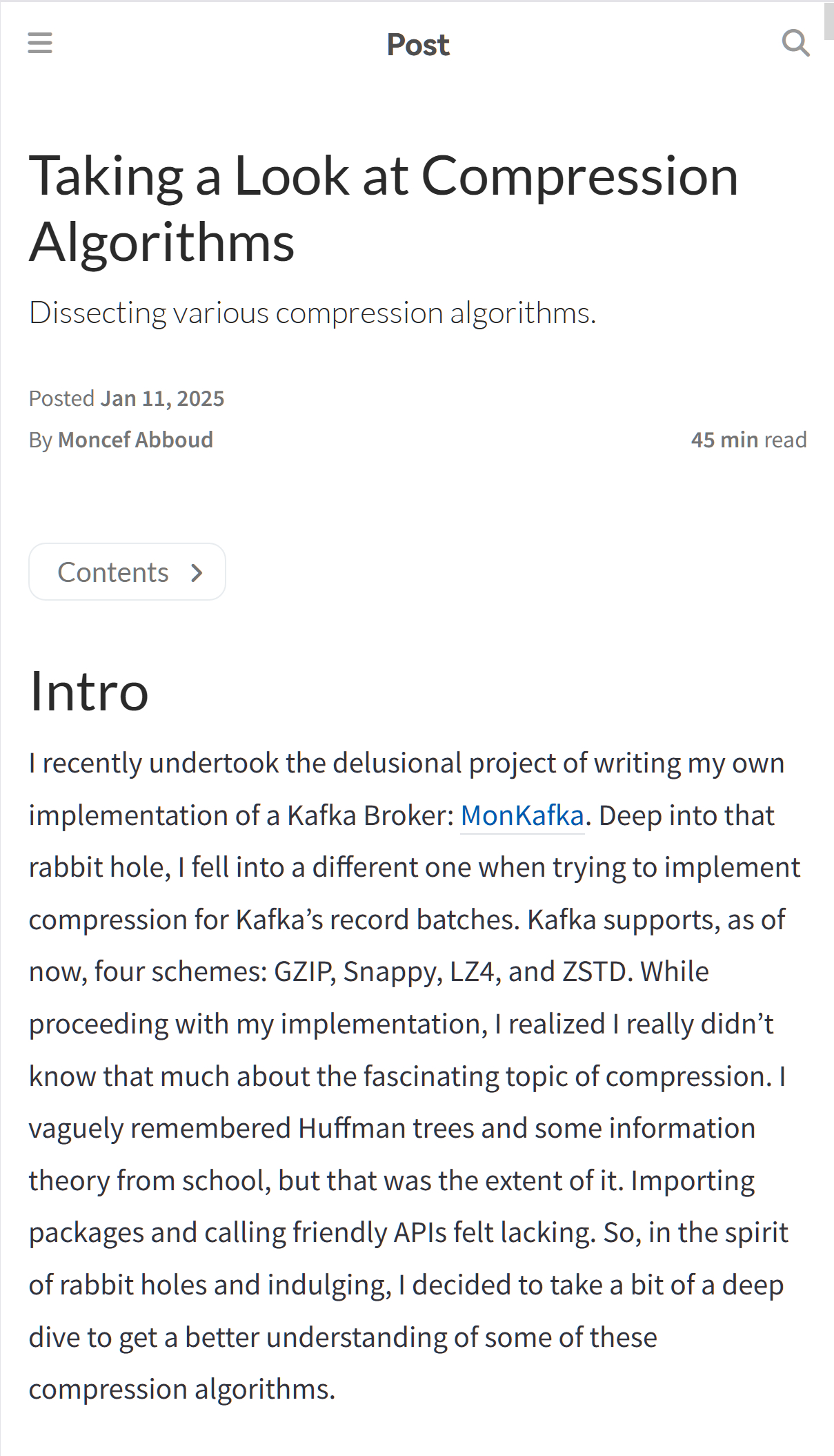 一篇介绍压缩算法的文章：《Taking a Look at Compressio