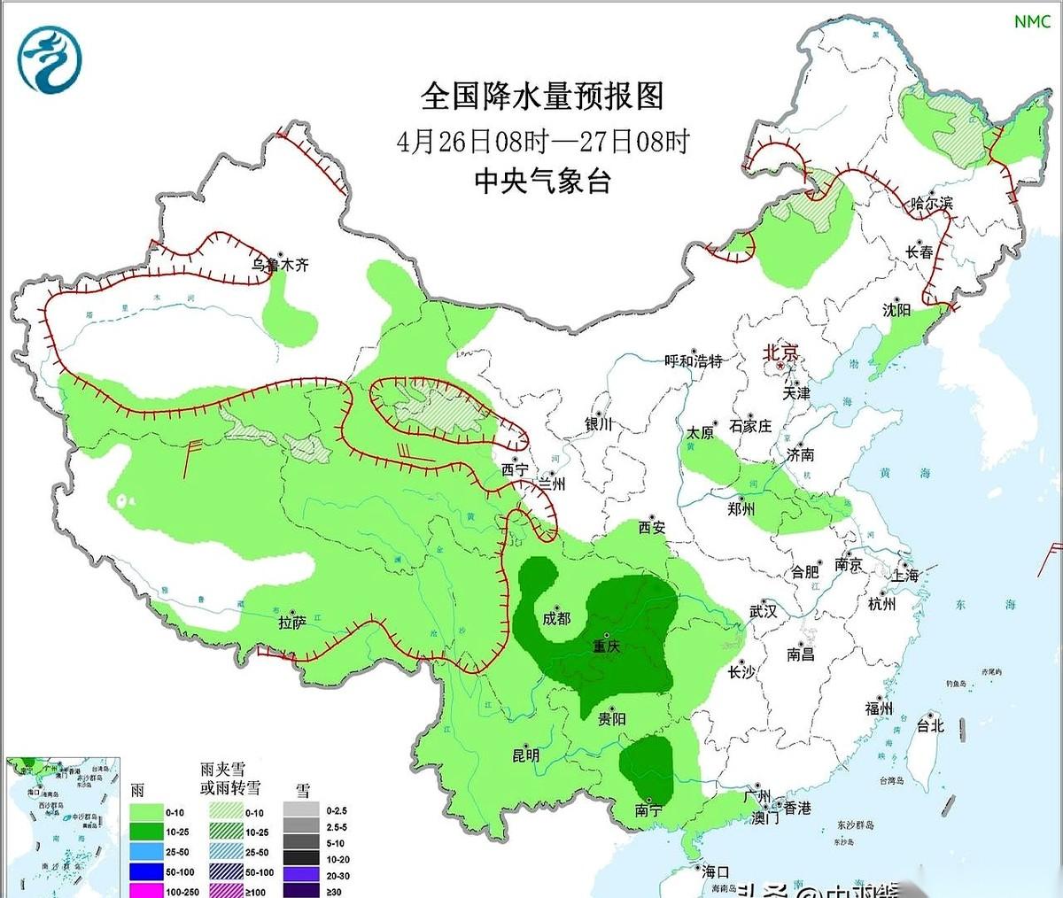 “风打架”！冷空气像一堵墙，直接把西南暖湿气流撞了个满怀。
26号当天，黄淮一带