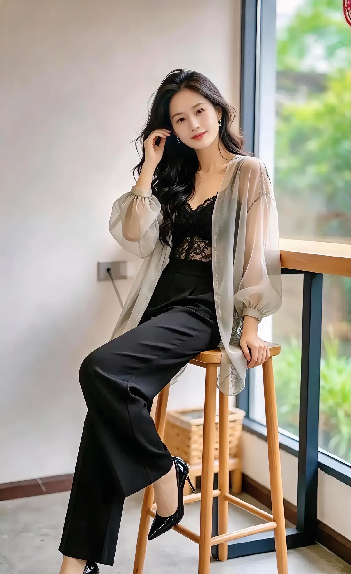 窗边一坐，午后便静了下来。

纱衣轻透，黑裤利落。

卷发微垂，笑意浅浅。

不