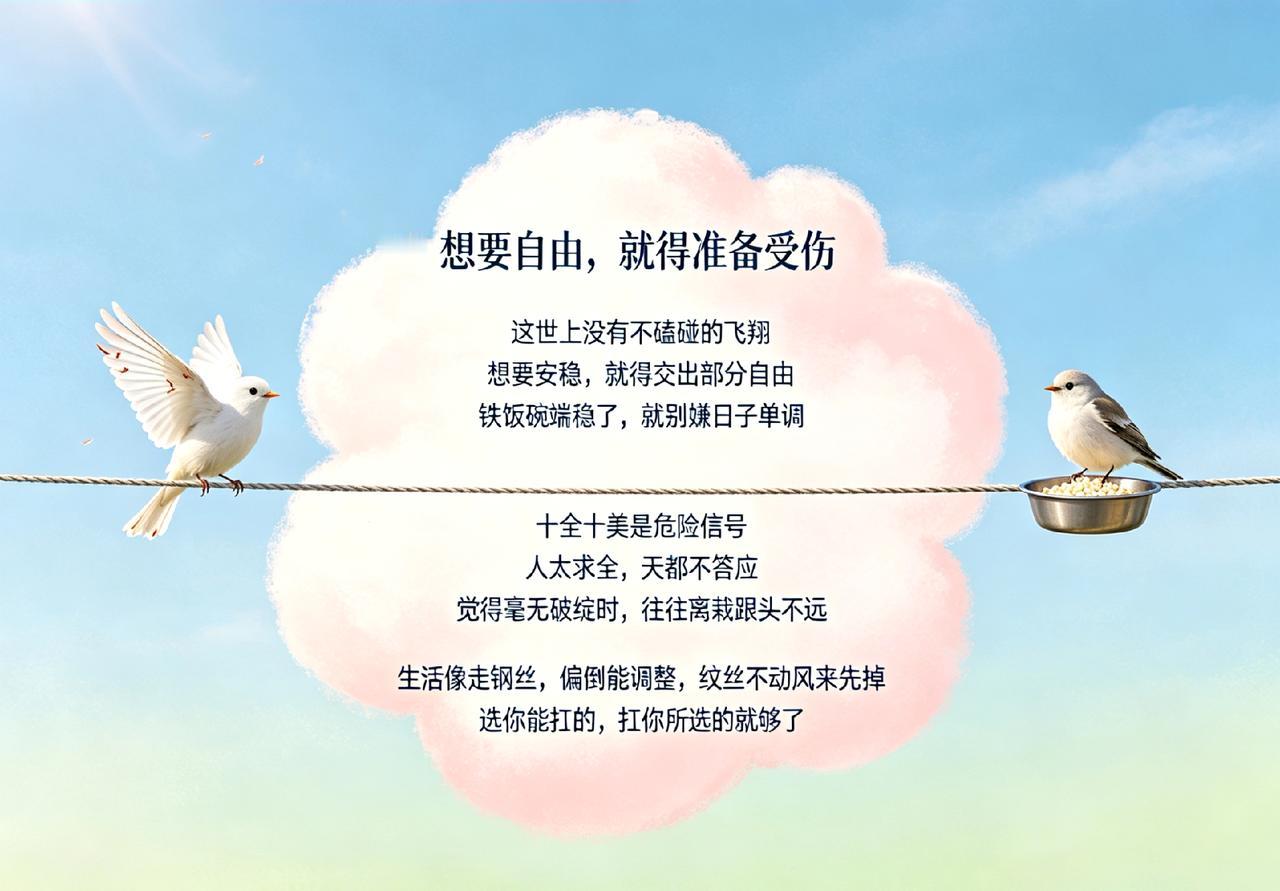 想要自由，就得准备受伤。这世上没有不磕碰的飞翔。想要安稳，就得交出部分自由。铁饭