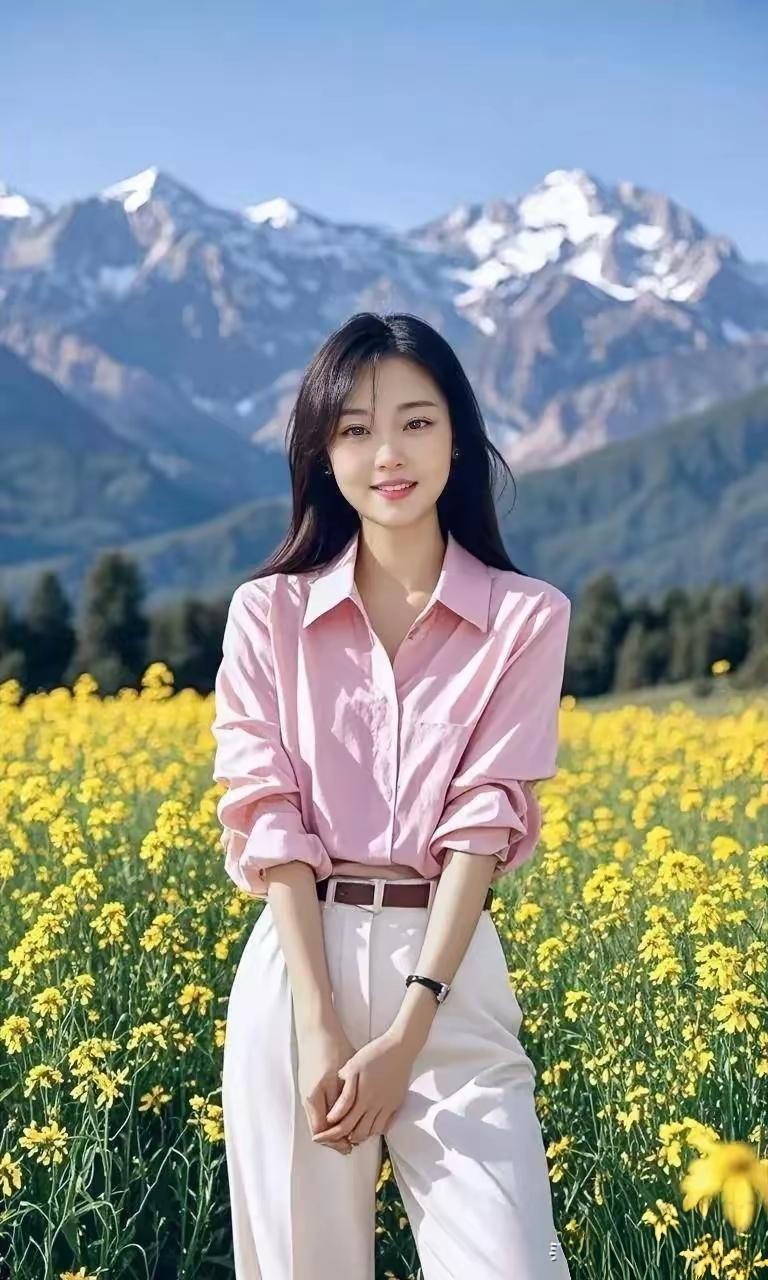 少女与花海，雪山相伴，美不胜收！🌸🏔️