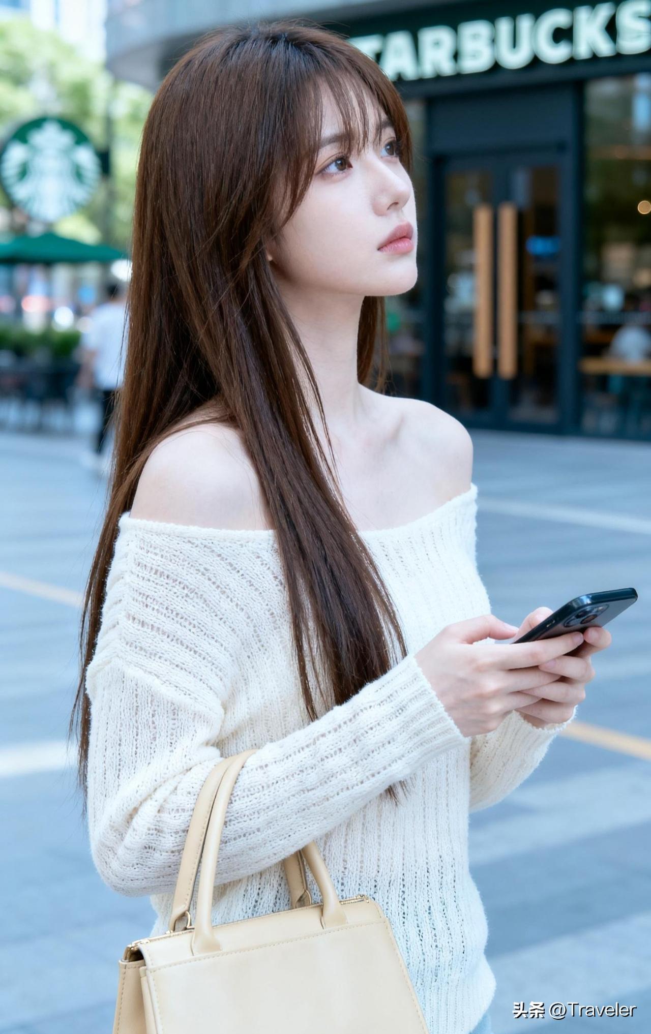 在星巴克前，少女低头看手机，温柔动人