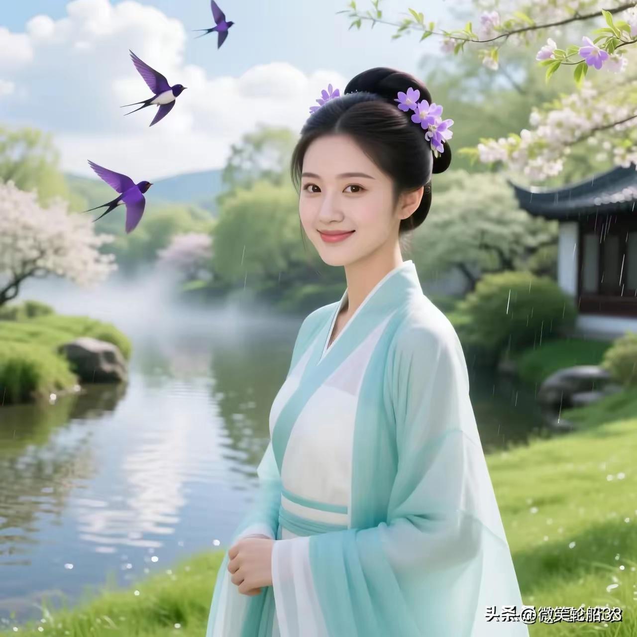 四块玉·游春
闲踏青，游春径，
紫燕翻飞柳阴浓。
碧水粼粼堤边静，
鱼戏轻，虾自