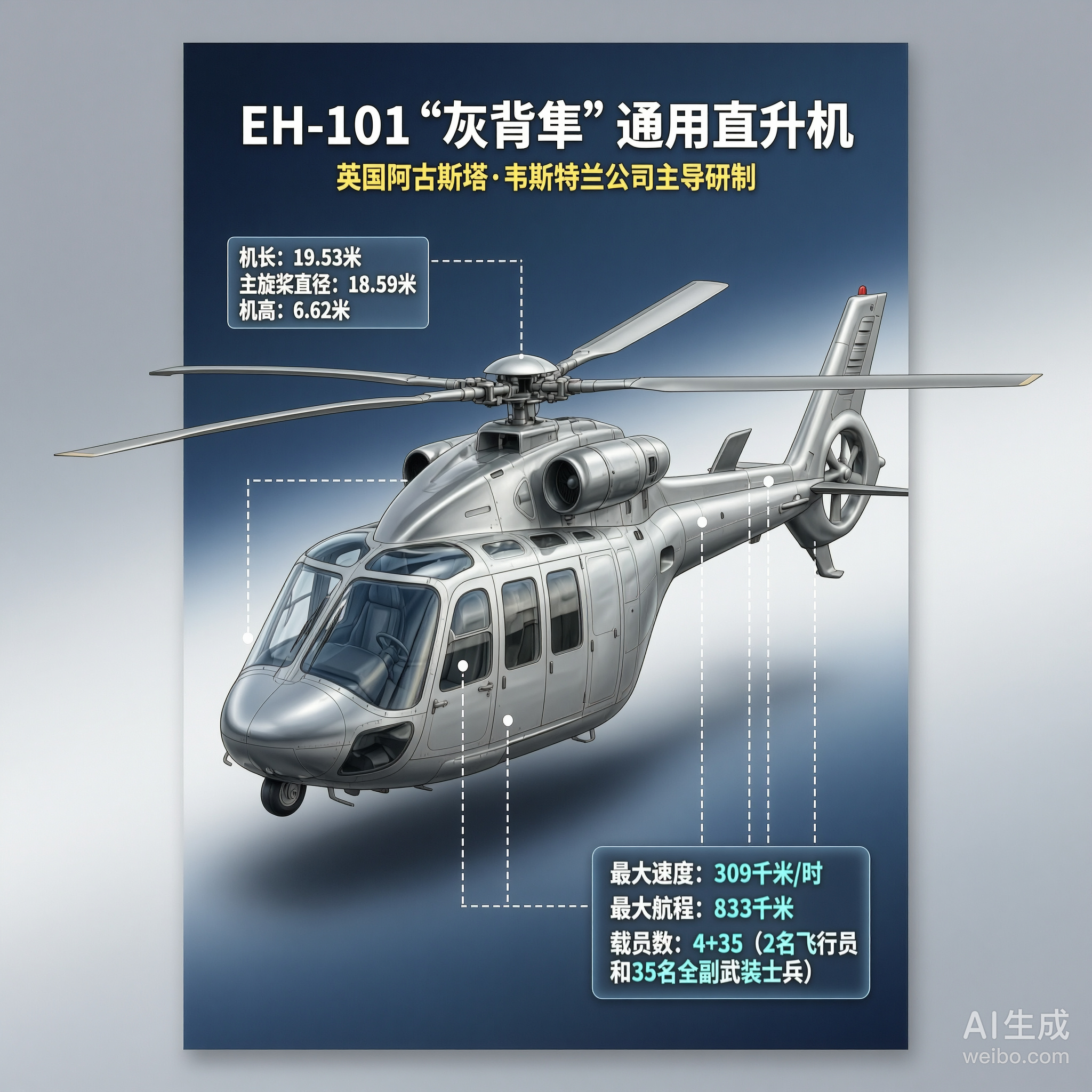军事ai新视野 EH-101“灰背隼”通用直升机［英］机长：19.53米主旋翼直