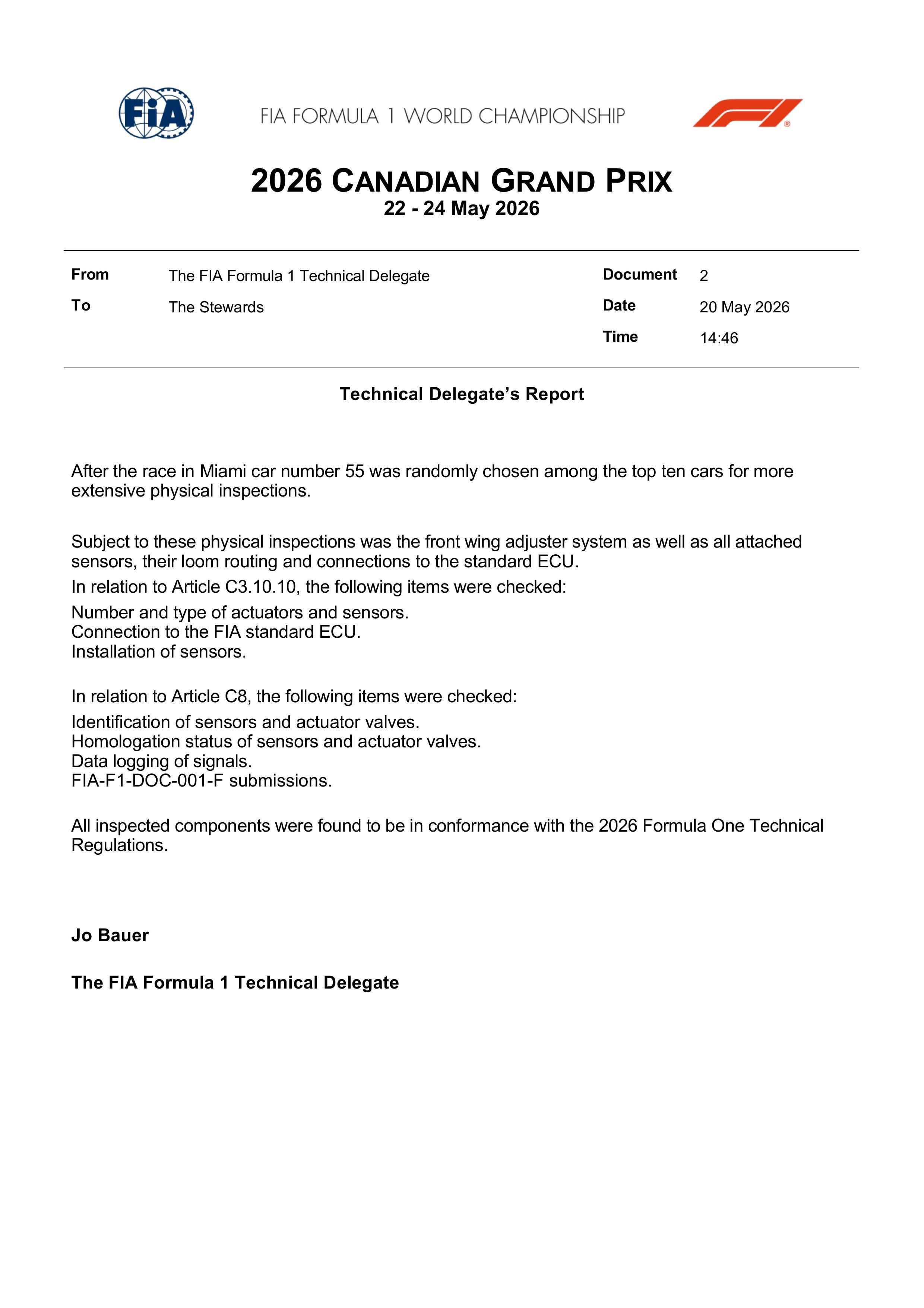 F12026F1加拿大大奖赛 迈阿密大奖赛后赛会抽查了塞恩斯的赛车，一切合规。 