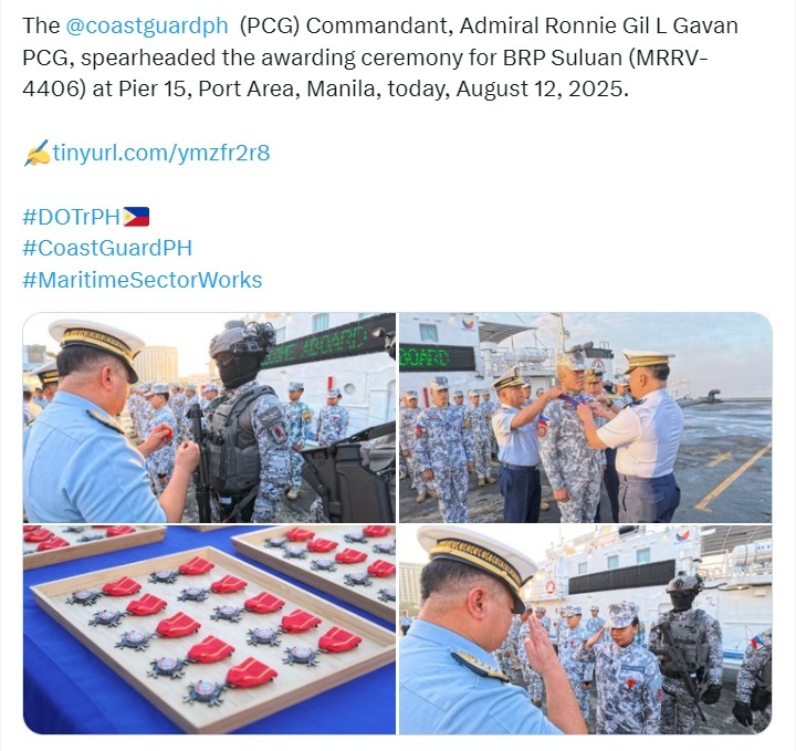 菲律宾MRRV-4406海警船于今天（8月12日）返回马尼拉后，全员授勋得到嘉奖