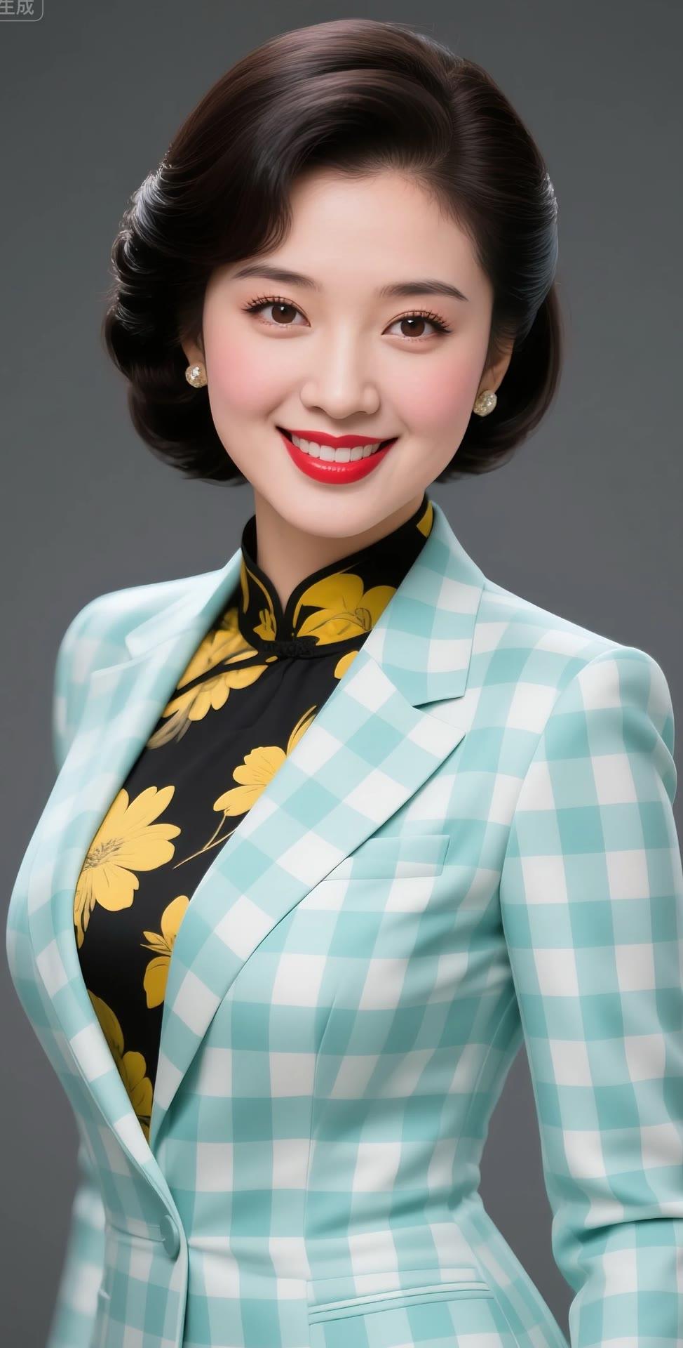 优雅职场风，复古卷发+蓝白格纹西装，自信微笑，魅力无限！