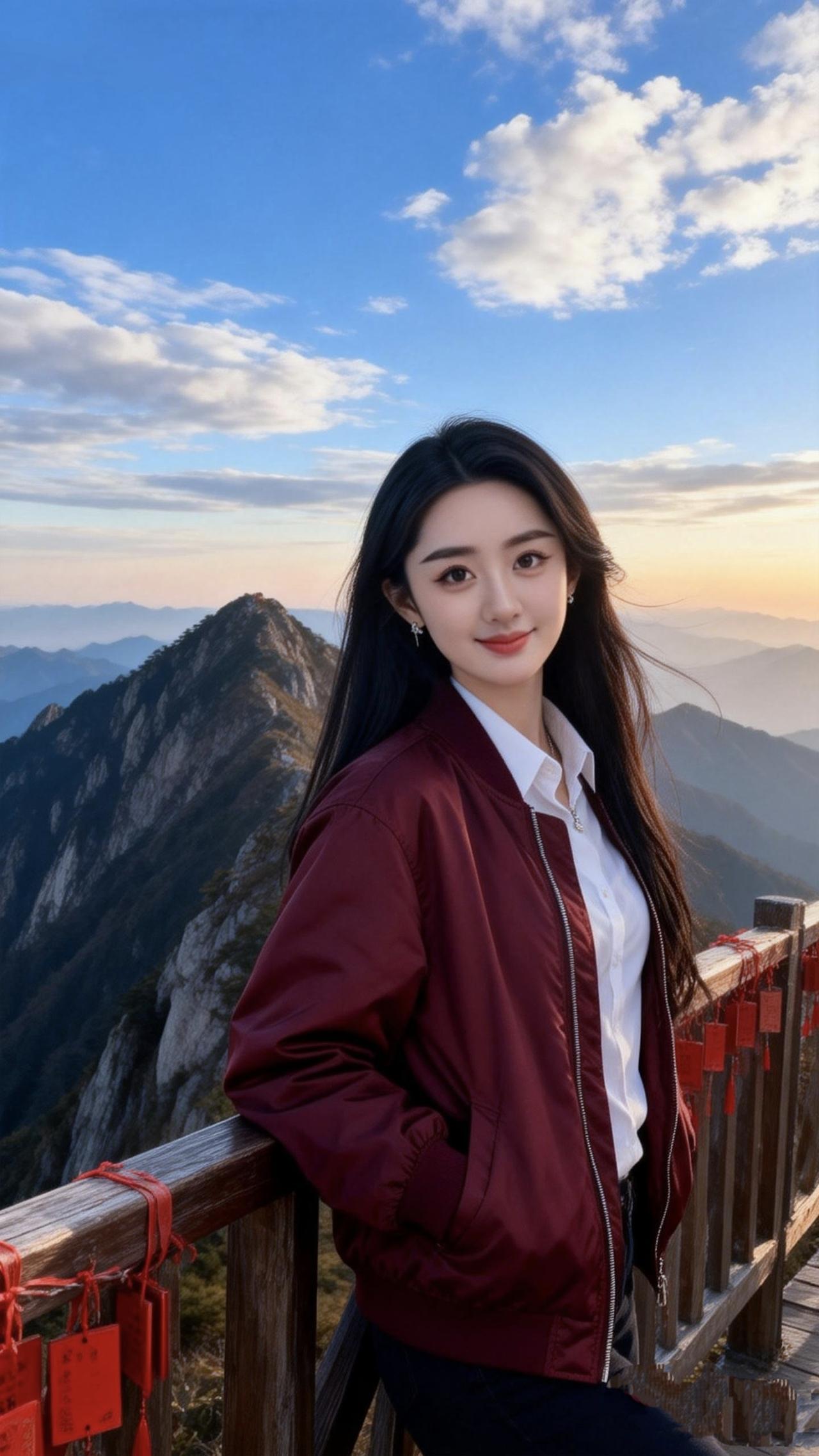 《山巅晴光》
 
酒红外套裹住山风的凉
白衬衫领口漏出半缕晴光
你斜倚在木栏旁