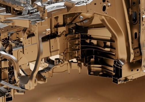 蔚来ES9BIW 细看一下，门槛梁挤压型材的分隔结构有点变化；然后，抗扭盒的筋条