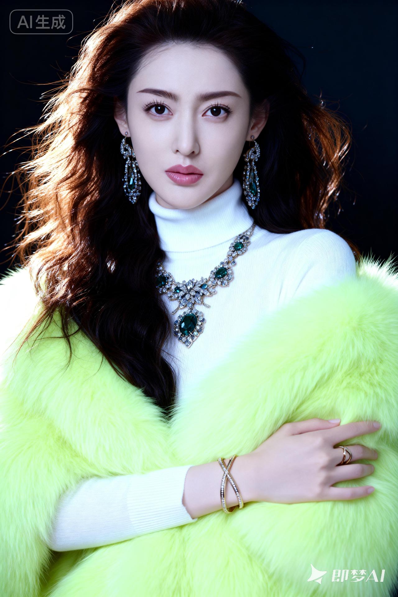 冷艳的冬日穿搭，荧光绿毛绒外套搭配闪亮项链，尽显时尚与奢华。