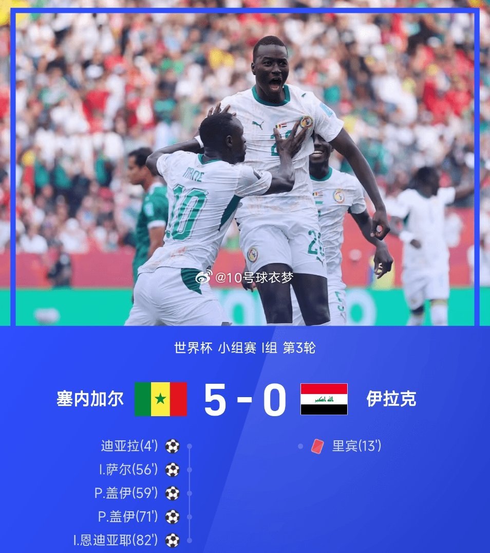 06月27日讯 世界杯小组赛I组第3轮，塞内加尔5-0大胜伊拉克。上半场塞克助攻