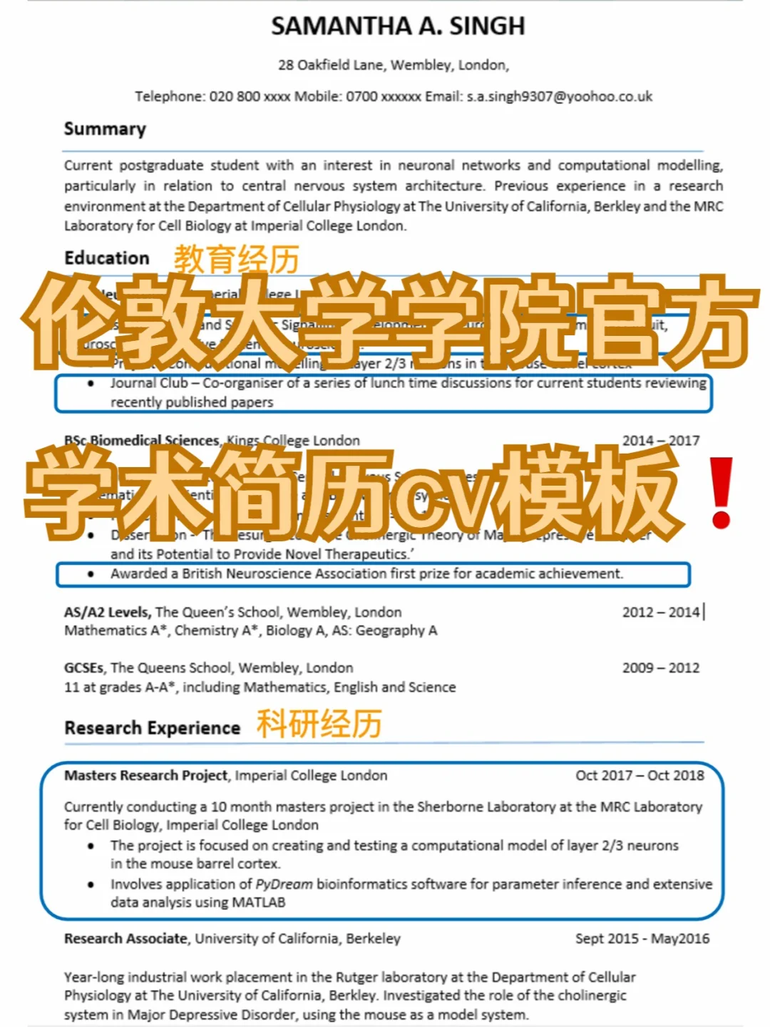 伦敦大学学院官方发布‼️学术简历cv模板