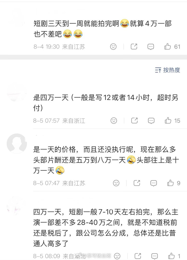短剧演员日薪四万短剧四万是日薪不是部薪 日薪四万也不低了吧…很多长剧配角演员拍一