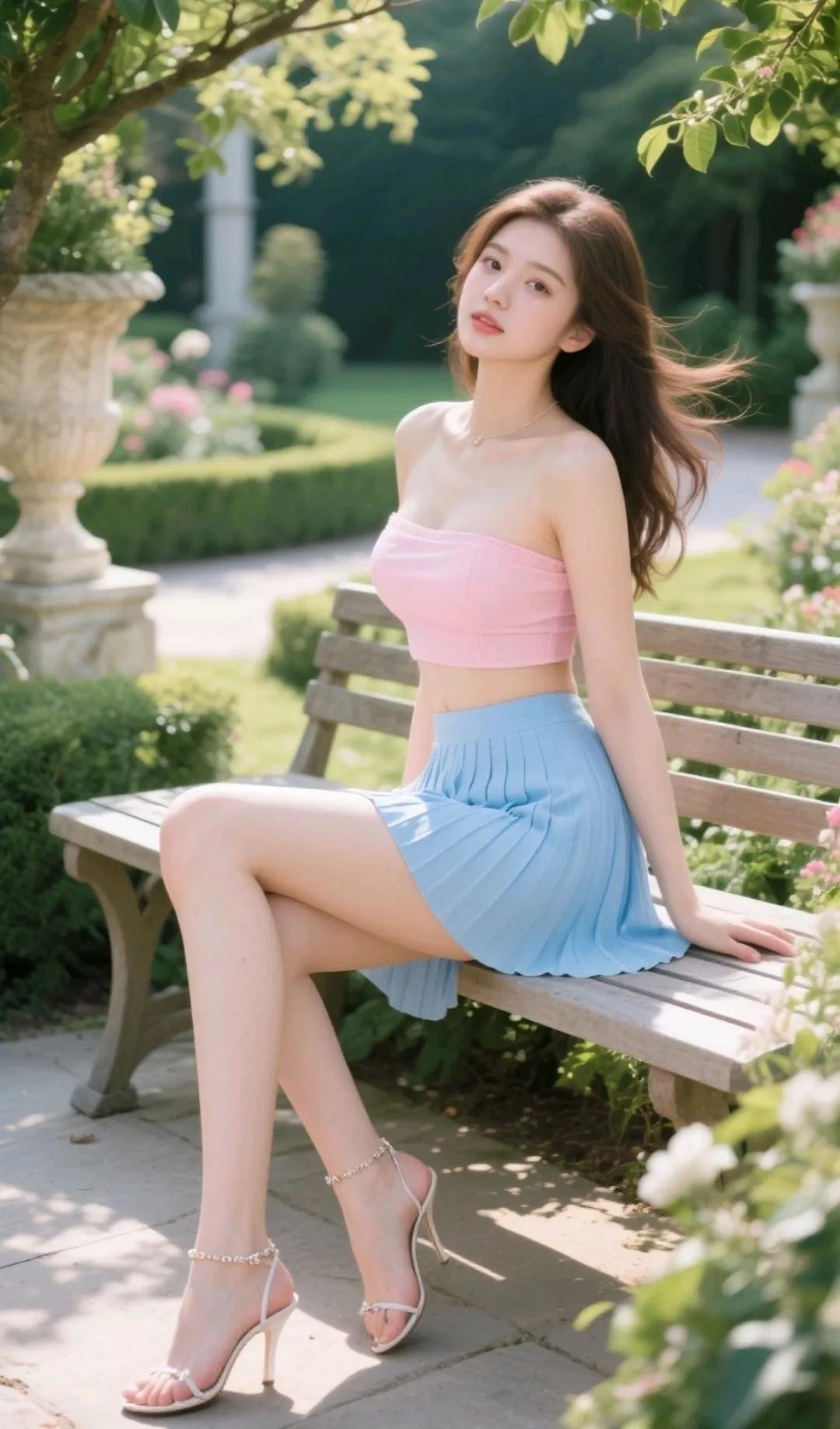 绿意盎然间，美人倚长凳。