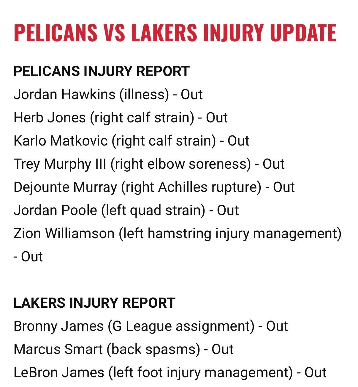 鹈鹕今日对阵湖人7人缺席比赛：乔丹·霍金斯（生病）——缺阵赫伯·琼斯（右小腿拉伤