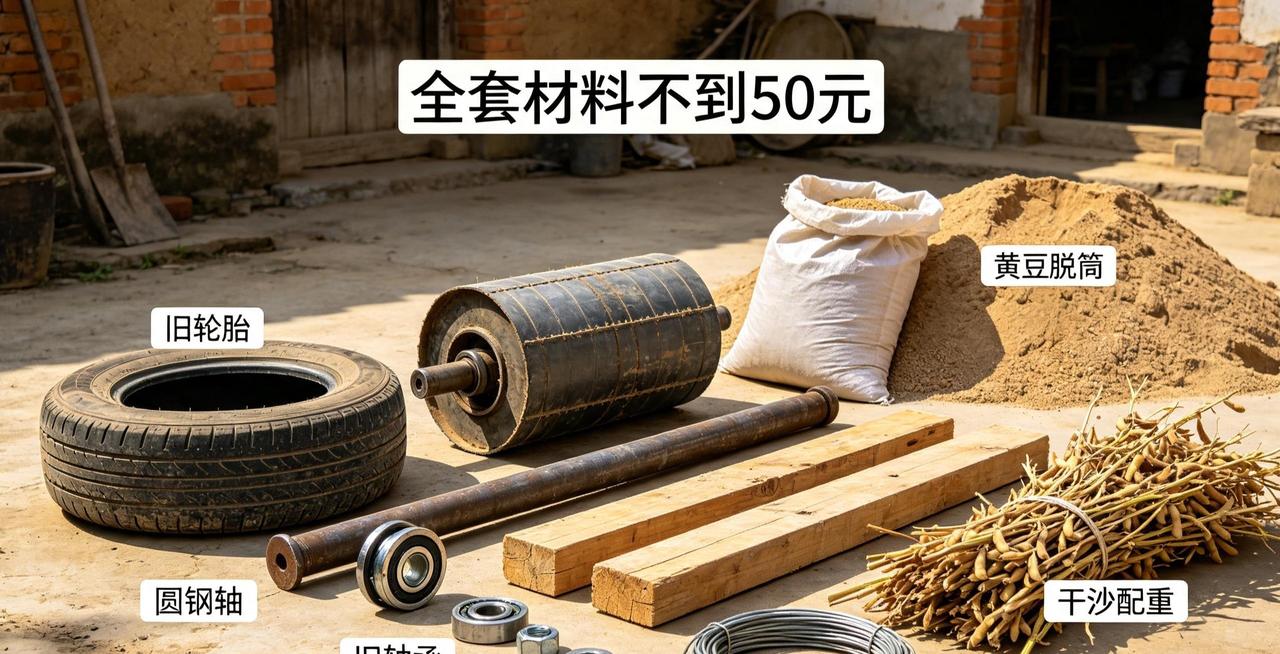 旧轮胎滚出来的黄豆，比机器打的还完整。成本五十块，一天两千斤。
河南老周蹲在晒场